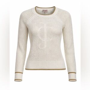 Juicy Couture Cream Knit Sweater Gold Trim Logo Crewneck Y2K Size M